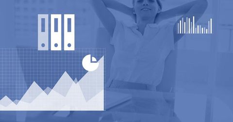 Woman leaning back and relaxing at glass desk with data visualizations and analytics