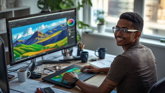 Designer creating digital art with pen tablet at stylish home office