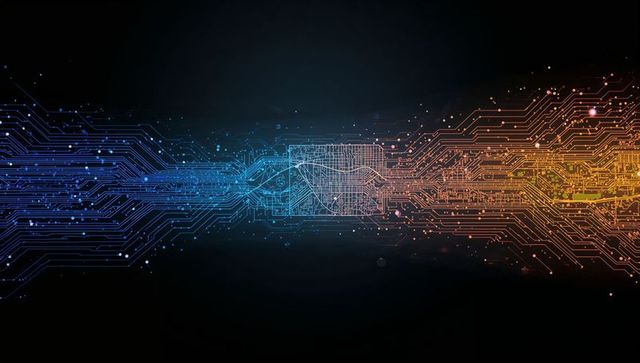 Flowing Blue-to-Orange Circuitry Band with Glowing Microchip and Futuristic Data Stream