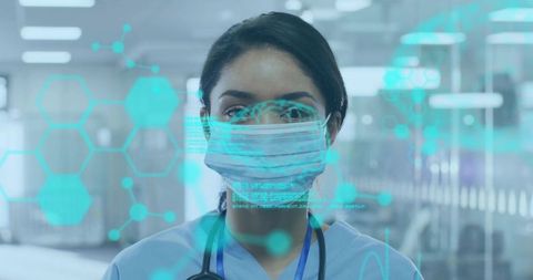 Nurse standing in clinical corridor wearing surgical mask and stethoscope with medical hud