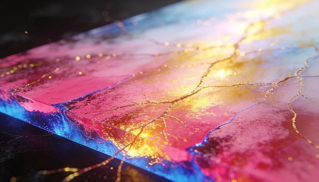 Glowing resin slab showcasing magenta-to-cyan pigments with shimmering gold veins