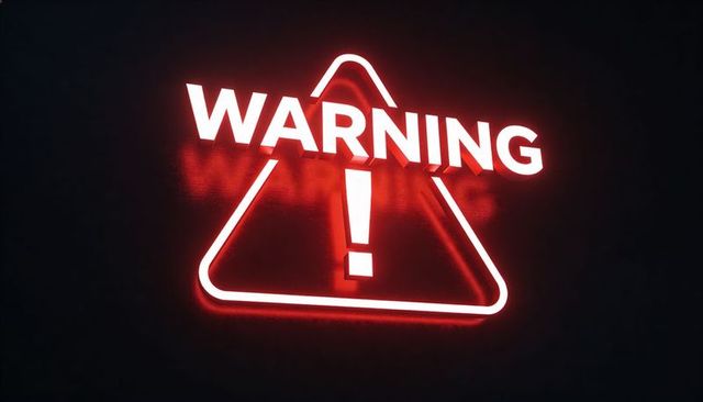 Glowing red neon warning sign triangle exclamation illuminated dark wall dramatic