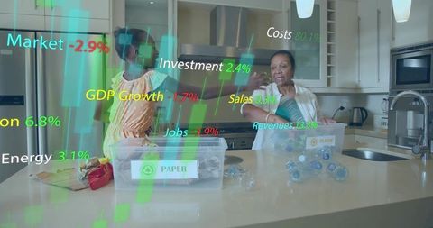 Grandmother and girl sorting recyclables in modern kitchen with ar market data overlay