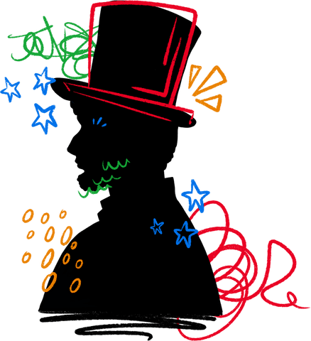 Transparent silhouette of abraham lincoln in colorful top hat design