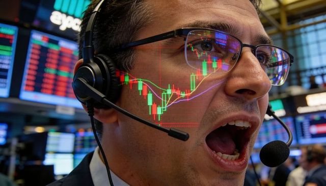 Shouting stock trader with headset reacting to volatile market charts reflected in glasses