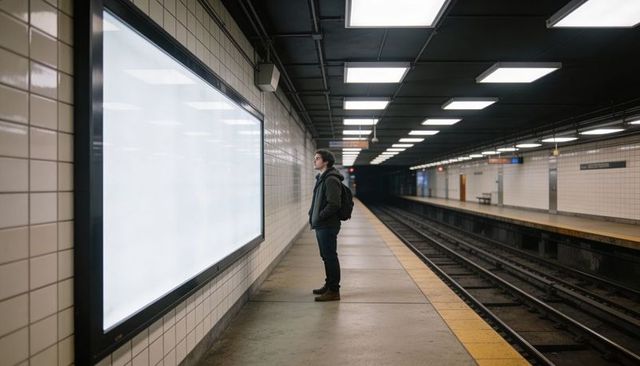 Commuter Standing Viewing Bright Advertising Panel on Empty Subway Platform