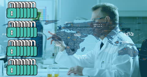 Scientist Engaged with Global Cybersecurity Interface in Laboratory