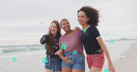 Diverse Friends Enjoying Beach with Sustainable Icons Overlay