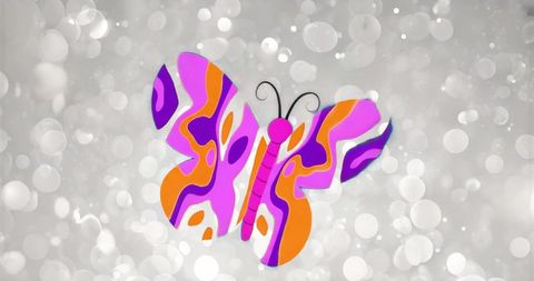 Vibrant Abstract Butterfly Featuring Neon Pink, Orange, Purple Patterns on Gray Bokeh