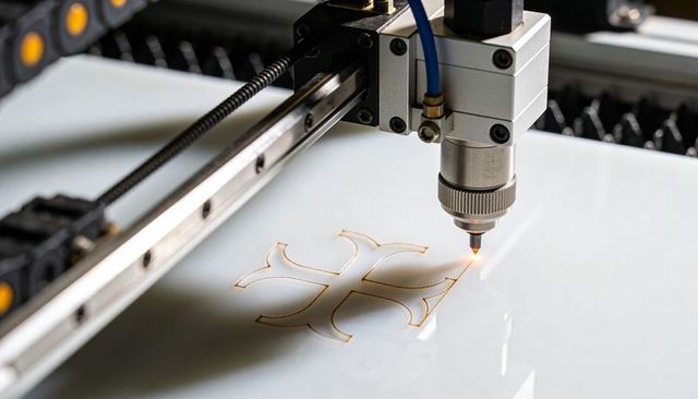 CNC Laser Engraving Cross Pattern on White Acrylic Sheet with Precision Gantry Head