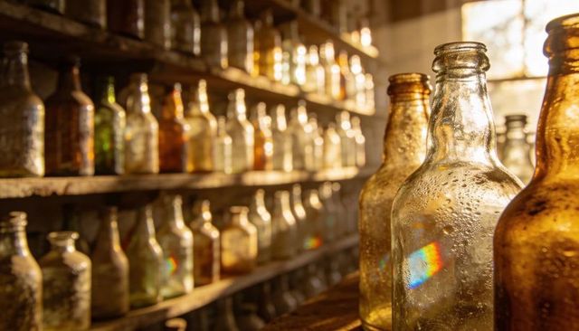 Sunlit vintage glass bottles glowing with dew and prism reflections on rustic shelves