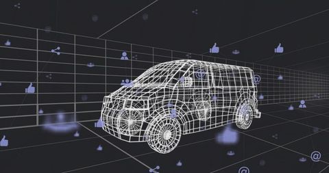 Futuristic Wireframe Van in Virtual 3D Network Space