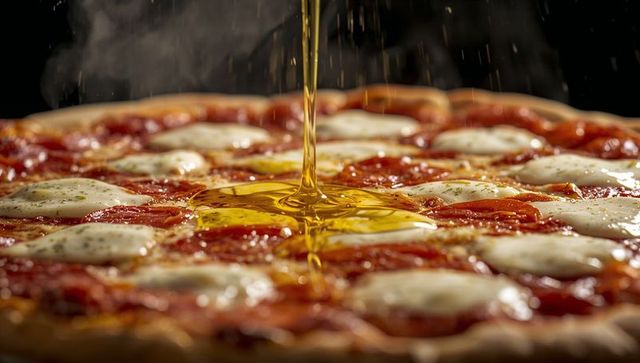 Drizzling golden olive oil over pepperoni and mozzarella pizza, closeup glossy steam