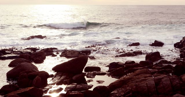 Waves crash against the rocky shoreline under a soft sunset, with copy space - Download Free Stock Photos Pikwizard.com