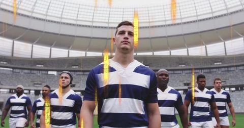 Rugby Team Walking Confidently Across Stadium Field