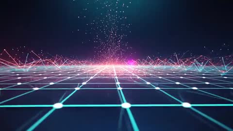 Dynamic Particle Stream Over Digital Grid with Vibrant Magenta Peaks