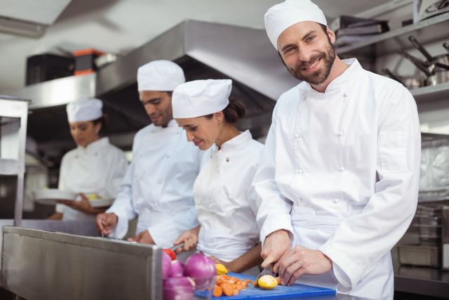 Chefs in a commercial kitchen chopping vegetables, indicating teamwork and professionalism. Ideal for use in culinary magazines, restaurant websites, or advertisements related to food preparation and kitchen staff.