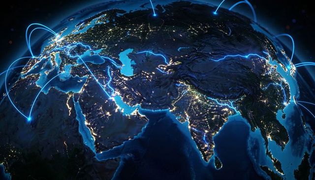 Global Nighttime Network Connecting Cities with Neon Blue Data Arcs