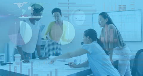 Group of business professionals consulting during a meeting with superimposed financial charts and maps, illustrating teamwork and global business strategy. Ideal for illustrating corporate teamwork, consulting services, and financial analytics in marketing materials, presentations, or educational content.