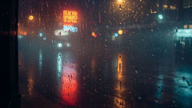 Rain-kissed windows illuminated by neons on urban streets