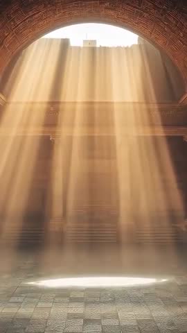 Vertical video: Sunbeams streaming through oculus illuminating rotunda floor in golden haze