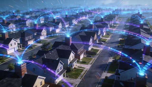 Smart suburban network: connected homes linked by glowing chimney beacons at twilight