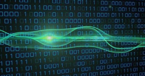 Neon green binary data stream with pulsing waveform and futuristic digital glow