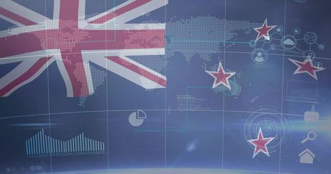 Futuristic new zealand map displaying union jack, red stars, radar and network overlay