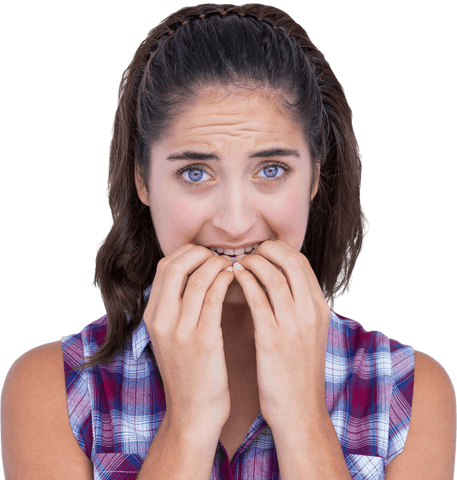Transparent nervous woman biting nails looking anxious