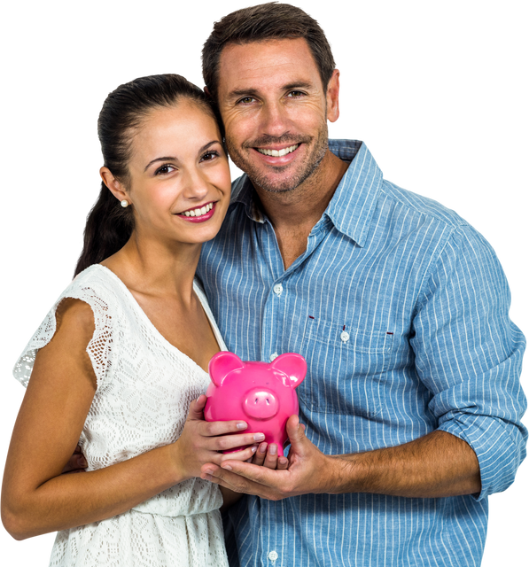 Transparent Young Couple Holding Pink Piggy Bank Smiling at Camera - Download Free Stock Videos Pikwizard.com