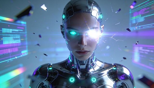 Female cyborg projecting neon beam in chrome armor, holographic code panels, futuristic ai