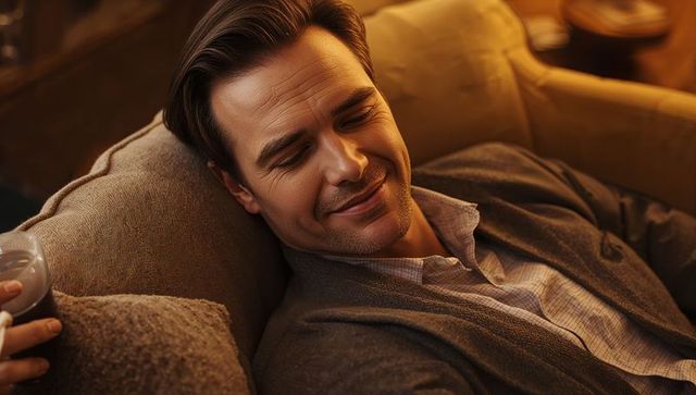 Smiling man lounging on sofa with warm lighting and cozy knitted cushion