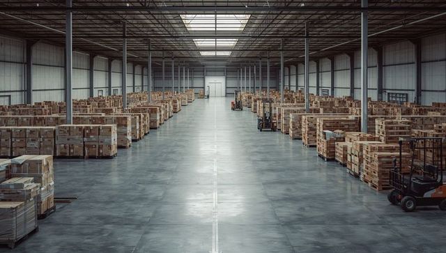 Leading central aisle drawing eye through modern warehouse with pallets and forklifts