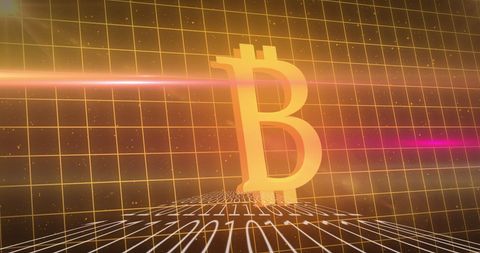 Digital cryptocurrency bitcoin symbol on binary grid