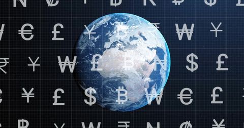 Global finance concept with currency symbols and digital globe