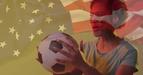 Dynamic Sportswoman Holding Soccer Ball with US Flag Overlay