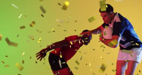 Diverse Rugby Players with Colorful Confetti Celebration