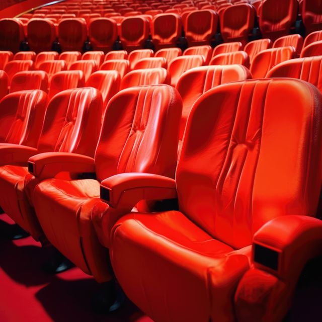 Rows of vibrant red theater seats in a modern auditorium create a visually appealing image ideal for themes that involve entertainment, cinema, theaters, performances, and public events. This can be used for promotional materials, website headers, blog articles about movies or theaters, and inspirational decor themes emphasizing leisure and venues for social gatherings.