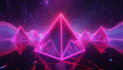 Glowing neon pyramid landscape reflecting on glossy grid with futuristic synthwave glow