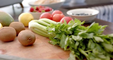 Fresh Fruits and Vegetables on Kitchen Counter for Healthy Eating