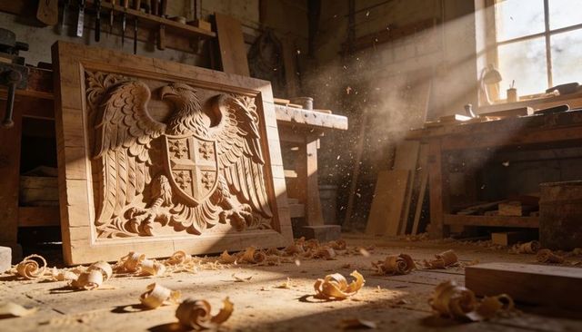 Sunlit hand-carved heraldic eagle relief on wooden panel with wood shavings, rustic craft