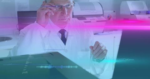 Scientist analyzing digital data with futuristic display and printers