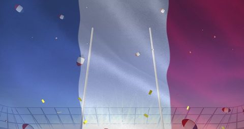 French Flag with Rugby Balls and Confetti at Stadium Celebration