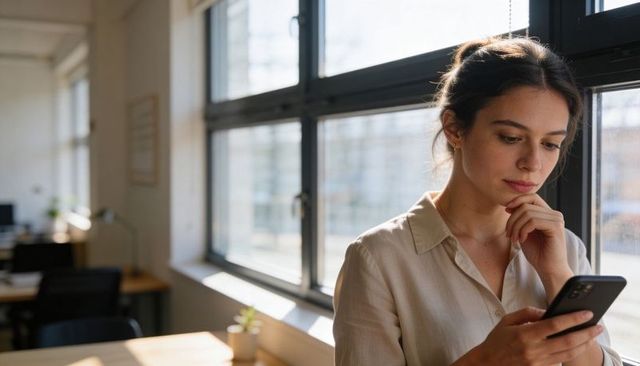 Contemplative woman using smartphone by sunlit metal-frame window in minimalist office