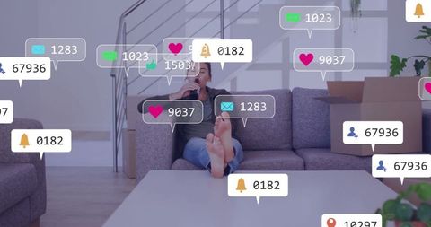 Woman Relaxing on Couch with Smartphone Notifications Overlay