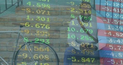 Urban commuter sitting on steps using smartphone with bicycle and market ticker overlay