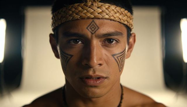 Intense tribal portrait of young man wearing woven headband and geometric facial tattoos