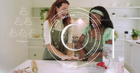 Kneading dough together with augmented reality HUD overlay, modern collaborative baking
