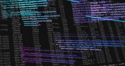Developer workstation displaying source code and error logs with teal purple highlights