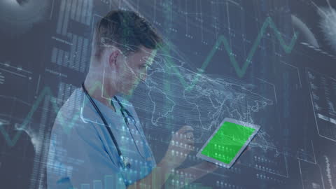 Doctor Analyzing Data with Digital World Map Overlay